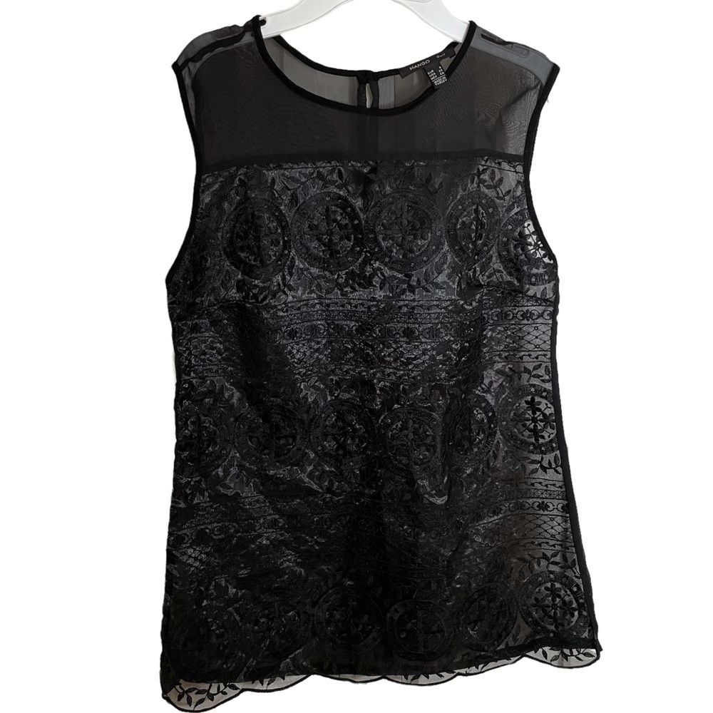 MANGO Black Lace Sleeveless Blouse XS | Sheer Mesh Yoke Dressy Evening Top